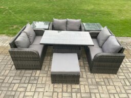 Rackhams Rattan Garden Outdoor Furniture 3 PC Love Sofa Set Patio Adjustable Rising lifting Dining Table With 2 Side Tables Big Footstool - thumbnail 2