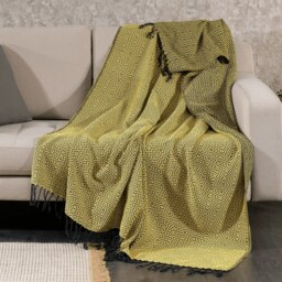Rackhams Rumeli Cotton Throw Blanket, HAND-LOOMED - Neon Yellow on Grey - thumbnail 5