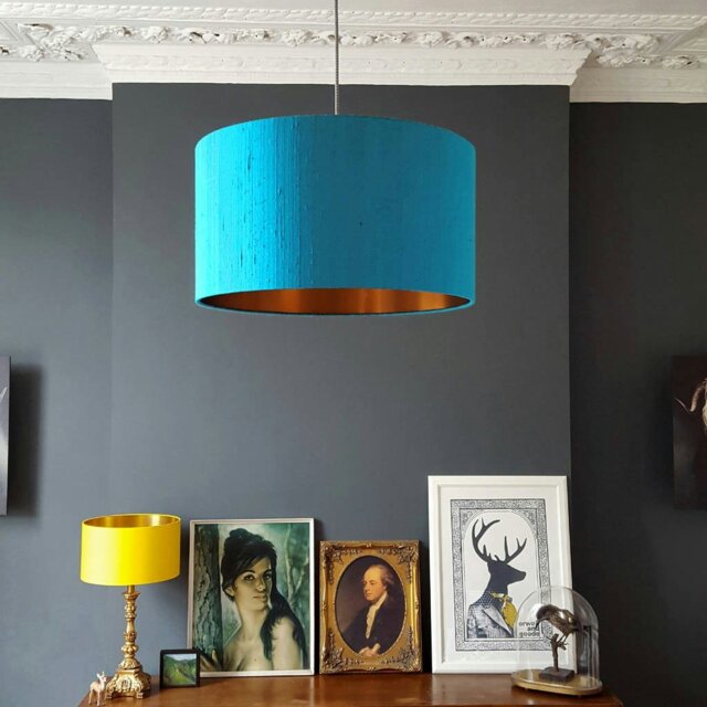 "Rackhams Aqua Indian Silk Handmade Lampshade Copper Foil Lining - 70cm Diameter x 30cm Height / (27"" x 12"")" - image 1