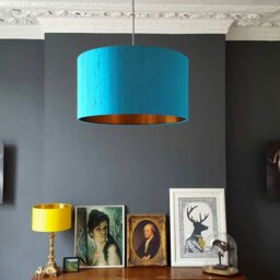"Rackhams Aqua Indian Silk Handmade Lampshade Copper Foil Lining - 70cm Diameter x 30cm Height / (27"" x 12"")" - thumbnail 1
