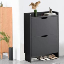Rackhams 2 Drawer Wooden Shoe Cabinet Freestanding Shoe Storage Rack Organiser - Black - MDF - thumbnail 4