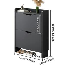 Rackhams 2 Drawer Wooden Shoe Cabinet Freestanding Shoe Storage Rack Organiser - Black - MDF - thumbnail 2