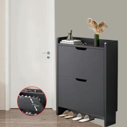 Rackhams 2 Drawer Wooden Shoe Cabinet Freestanding Shoe Storage Rack Organiser - Black - MDF - thumbnail 3