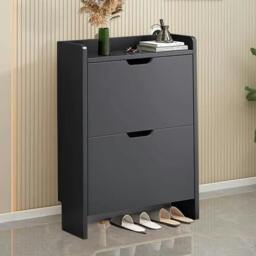 Rackhams 2 Drawer Wooden Shoe Cabinet Freestanding Shoe Storage Rack Organiser - Black - MDF - thumbnail 6