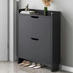 Rackhams 2 Drawer Wooden Shoe Cabinet Freestanding Shoe Storage Rack Organiser - Black - MDF