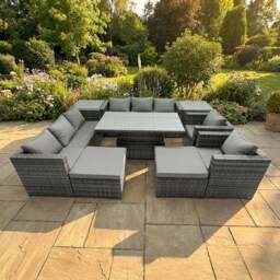 Rackhams 10 Seater Rattan Garden Furniture Set with Dining Table, 2 Sofas, 2 Side Tables, 2 Armchair, 2 Stools - Dark Grey Mixed - thumbnail 1