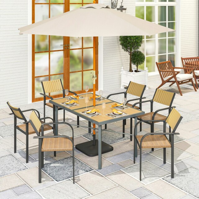 Rackhams Garden Table for 6, Outdoor Dining Table with 5cm Umbrella Hole - Natural wood finish - Steel, Galvanised Steel - 150L x 90W x 72H cm - image 1