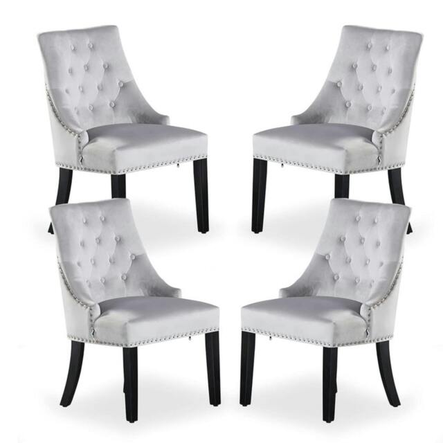 Rackhams Set of 4 Velvet Dining Chairs Ergonomic Scoop Knockerback & Button Tufted Wood Legs - Velvet - Light Grey - Windsor Back - image 1