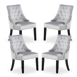 Rackhams Set of 4 Velvet Dining Chairs Ergonomic Scoop Knockerback & Button Tufted Wood Legs - Velvet - Light Grey - Windsor Back