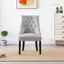 Rackhams Set of 4 Velvet Dining Chairs Ergonomic Scoop Knockerback & Button Tufted Wood Legs - Velvet - Light Grey - Windsor Back - thumbnail 3