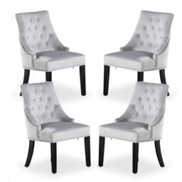 Rackhams Set of 4 Velvet Dining Chairs Ergonomic Scoop Knockerback & Button Tufted Wood Legs - Velvet - Light Grey - Windsor Back - thumbnail 2