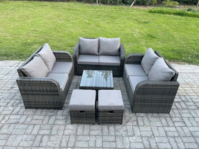 Rackhams 8 Seater Outdoor Garden Furniture Sets Wicker Rattan Furniture Sofa Sets with Square Coffee Table Love seat Sofa 2 Small Footstools - image 1