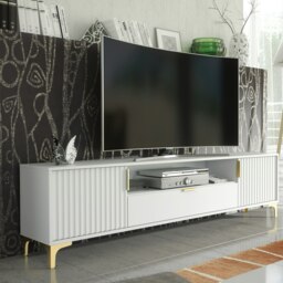 Rackhams Luxurious White TV Stand with Fluted Doors & Gold Accents – 200cm Media Console - 200cm  - 1 -  MDF/Chipboard - thumbnail 2
