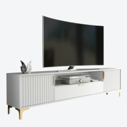 Rackhams Luxurious White TV Stand with Fluted Doors & Gold Accents – 200cm Media Console - 200cm  - 1 -  MDF/Chipboard - thumbnail 6