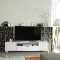 Rackhams Luxurious White TV Stand with Fluted Doors & Gold Accents – 200cm Media Console - 200cm  - 1 -  MDF/Chipboard