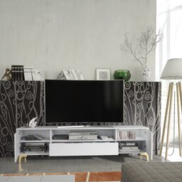 Rackhams Luxurious White TV Stand with Fluted Doors & Gold Accents – 200cm Media Console - 200cm  - 1 -  MDF/Chipboard - thumbnail 3