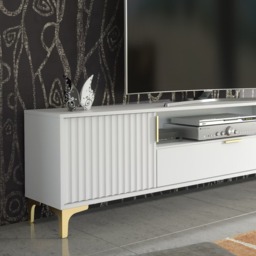 Rackhams Luxurious White TV Stand with Fluted Doors & Gold Accents – 200cm Media Console - 200cm  - 1 -  MDF/Chipboard - thumbnail 4