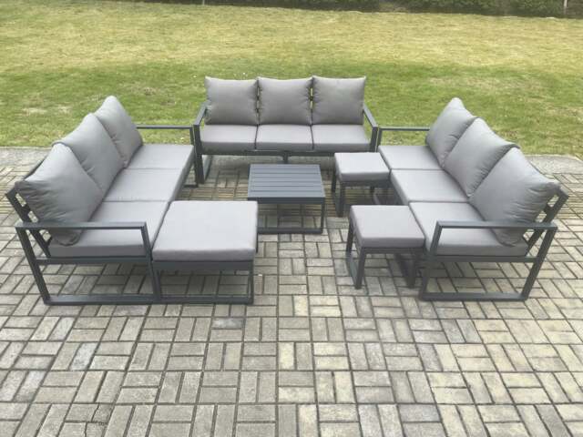 Rackhams Aluminium Outdoor Garden Furniture Set Patio Lounge Sofa with Square Coffee Table 3 Footstools Conservatory Set Dark Grey - image 1