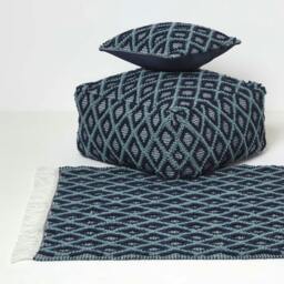 Rackhams Tula Handwoven Textured Navy & Teal Pouffe Bean Cube - thumbnail 6