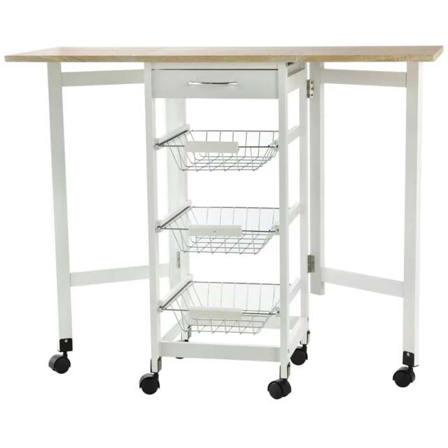 Rackhams Drop-Leaf Kitchen Cart Trolley w/ 3 Baskets Drawer Surface Top 6 Universal Wheels Rolling Storage Unit Kitchen Home Dining Island White Oak Tone - image 1