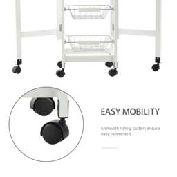 Rackhams Drop-Leaf Kitchen Cart Trolley w/ 3 Baskets Drawer Surface Top 6 Universal Wheels Rolling Storage Unit Kitchen Home Dining Island White Oak Tone - thumbnail 5