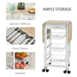 Rackhams Drop-Leaf Kitchen Cart Trolley w/ 3 Baskets Drawer Surface Top 6 Universal Wheels Rolling Storage Unit Kitchen Home Dining Island White Oak Tone - thumbnail 6
