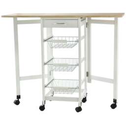Rackhams Drop-Leaf Kitchen Cart Trolley w/ 3 Baskets Drawer Surface Top 6 Universal Wheels Rolling Storage Unit Kitchen Home Dining Island White Oak Tone - thumbnail 1