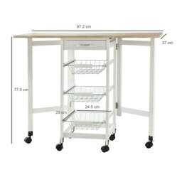 Rackhams Drop-Leaf Kitchen Cart Trolley w/ 3 Baskets Drawer Surface Top 6 Universal Wheels Rolling Storage Unit Kitchen Home Dining Island White Oak Tone - thumbnail 3