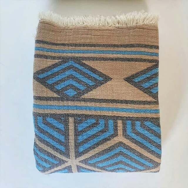 Rackhams Ela Soft Cotton Jacquard Bedspread - Double (220 x 245 cm) - Turquoise Blue on Taupe - image 1
