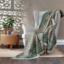 Rackhams Ela Soft Cotton Jacquard Bedspread - Double (220 x 245 cm) - Turquoise Blue on Taupe - thumbnail 3