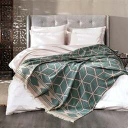 Rackhams Ela Soft Cotton Jacquard Bedspread - Double (220 x 245 cm) - Turquoise Blue on Taupe - thumbnail 2