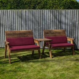 Rackhams 2 Seater Chunky Rustic Wooden Garden Furniture Bench With Coffee Table & Burgundy Cushions
