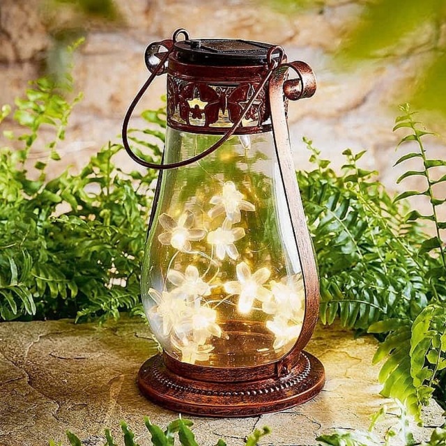 Rackhams Lantern, Glass Bronze-Tone, Solar LED Flower Design, Decor