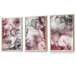 Rackhams Set of 3 Abstract Floral Fluid in Red and Grey Framed Wall Art - 42x59cm (A2) - Gold - thumbnail 1