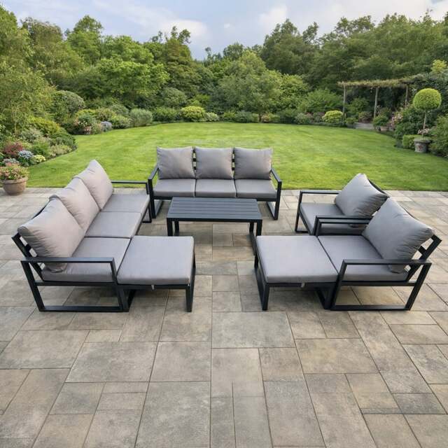 Rackhams 10 Seater Aluminium Garden FurnitureSet with 2 Sofas, 2 Chairs, Coffee Table & 2 Large Footstools - Dark Grey - image 1