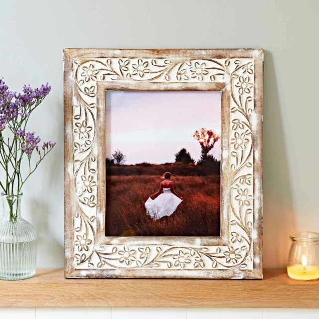 "Rackhams Iksu Antique White Floral Mango Wood Photo Frame - 10"" x 8""" - image 1