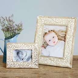 "Rackhams Iksu Antique White Floral Mango Wood Photo Frame - 10"" x 8""" - thumbnail 2