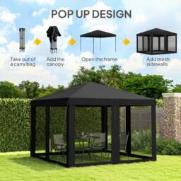 Rackhams Heavy Duty Pop Up Gazebo with Removable Mesh Sidewall Black - thumbnail 4