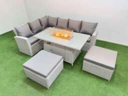 Rackhams 8 Seat Rattan Garden Furniture Corner Sofa Set Outdoor Gas Fire Pit Table Sets with 2 Big Footstools Light Grey - thumbnail 1