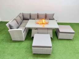 Rackhams 8 Seat Rattan Garden Furniture Corner Sofa Set Outdoor Gas Fire Pit Table Sets with 2 Big Footstools Light Grey - thumbnail 2