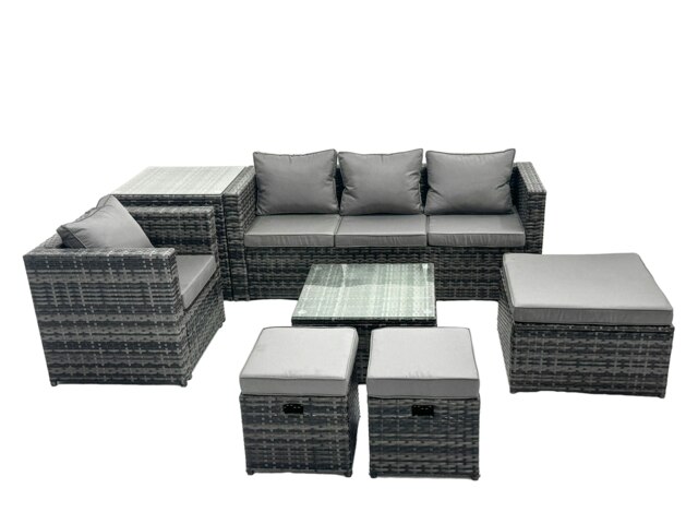 Rackhams Outdoor Rattan Garden Furniture Set 7 Seater Patio Lounge Sofa Set with Armchair Square Coffee Table Side Table 3 Footstools Dark Grey Mixed - image 1