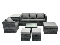 Rackhams Outdoor Rattan Garden Furniture Set 7 Seater Patio Lounge Sofa Set with Armchair Square Coffee Table Side Table 3 Footstools Dark Grey Mixed - thumbnail 1