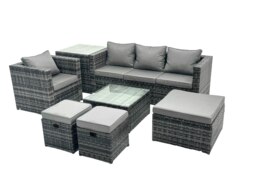 Rackhams Outdoor Rattan Garden Furniture Set 7 Seater Patio Lounge Sofa Set with Armchair Square Coffee Table Side Table 3 Footstools Dark Grey Mixed - thumbnail 2
