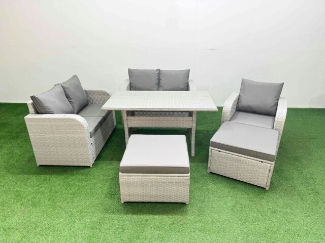 Rackhams High Back Poly Rattan Garden Furniture Set - Light Grey Indoor/Outdoor Patio Set with Reclining Chair & Dining Table - image 1