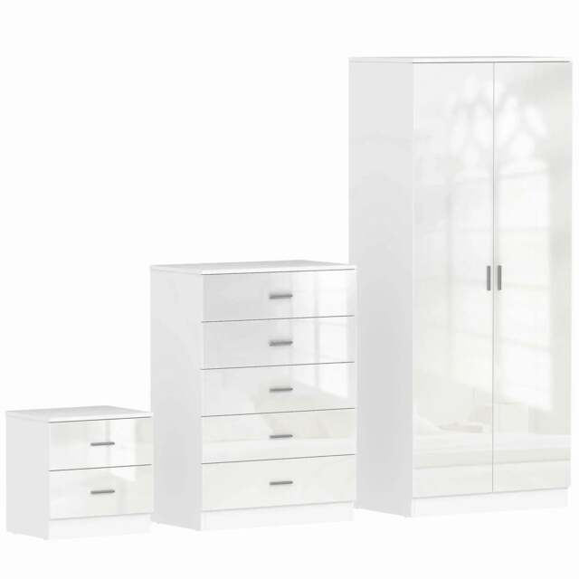 Rackhams High Gloss 3 Piece Trio Bedroom Furniture Set Wardrobe + Chest Of Drawer + Bedside White - image 1