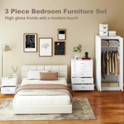Rackhams High Gloss 3 Piece Trio Bedroom Furniture Set Wardrobe + Chest Of Drawer + Bedside White - thumbnail 4