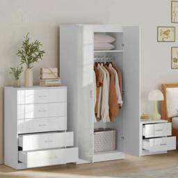 Rackhams High Gloss 3 Piece Trio Bedroom Furniture Set Wardrobe + Chest Of Drawer + Bedside White - thumbnail 2