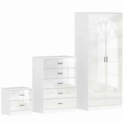 Rackhams High Gloss 3 Piece Trio Bedroom Furniture Set Wardrobe + Chest Of Drawer + Bedside White - thumbnail 1