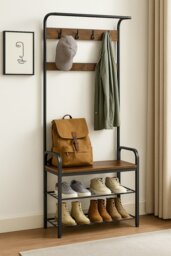 Rackhams Industrial 4-in-1 Coat Rack with Shoe Bench – Hallway Clothes Stand with 9 Hooks