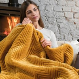 Rackhams Hurry Home Velvet Heated Throw Electric Blanket - Mustard Herringbone - 160cm x 120cm